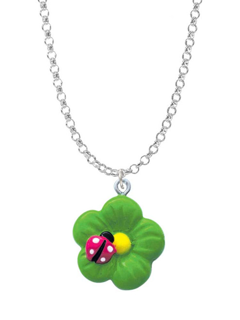 Resin Lime Green Daisy Flower with Hot Pink Ladybug Charm Necklace