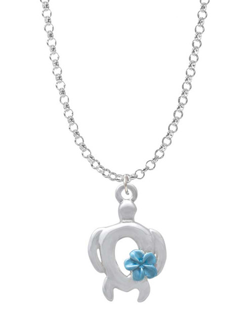 Open Sea Turtle with Blue Plumeria Charm Necklace