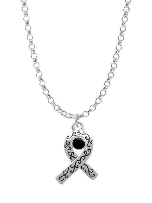 Scroll Ribbon with Black Crystal Charm Necklace