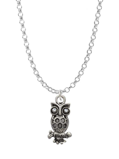Antiqued Owl with Clear Crystal Eyes Charm Necklace