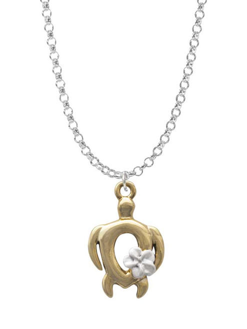 Open Gold Tone Sea Turtle with White Plumeria Charm Necklace
