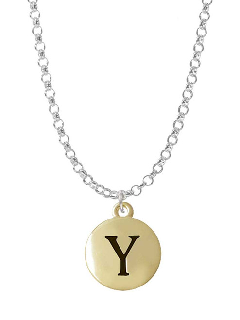 Capital Gold Tone Letter - Y - Pebble Disc - Charm Necklace