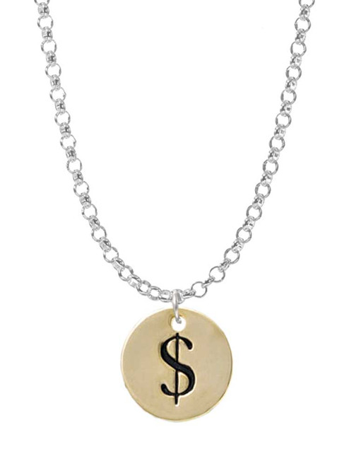 Gold Tone Disc 1/2'' - Symbol - Dollar Sign - $ - Charm Necklace