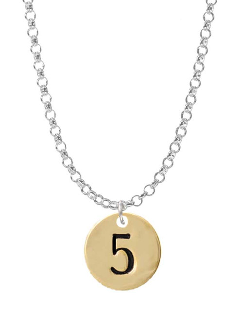 Gold Tone Disc 1/2'' Number - 5 - Charm Necklace