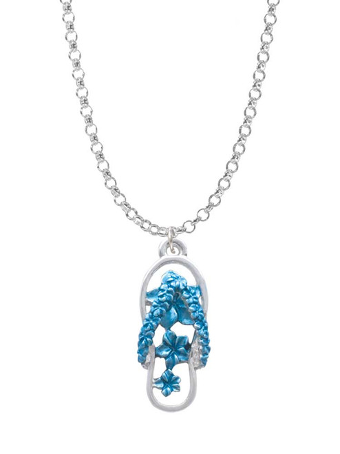Blue Open Plumeria Flower Flip Flop Charm Necklace