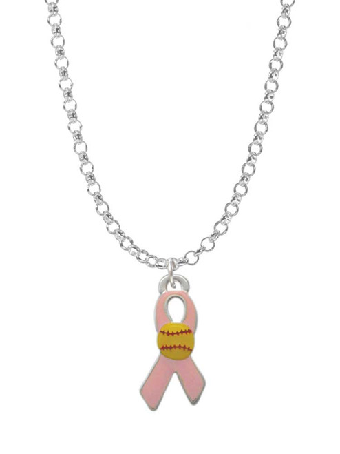 Pink Ribbon with Softball Charm Necklace