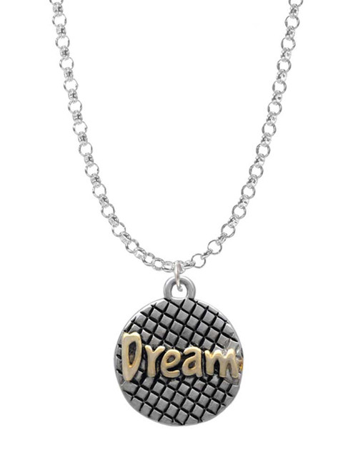 Gold Tone ''Dream'' on Hatched Disc Charm Necklace