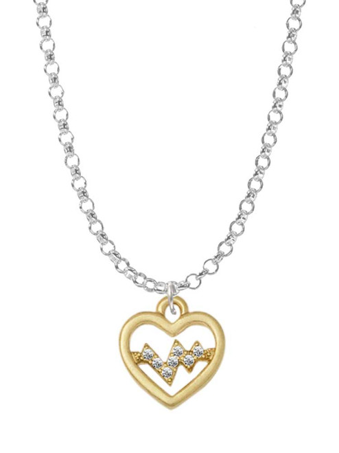 Gold Tone Heart - Crystal Heartbeat Charm Necklace