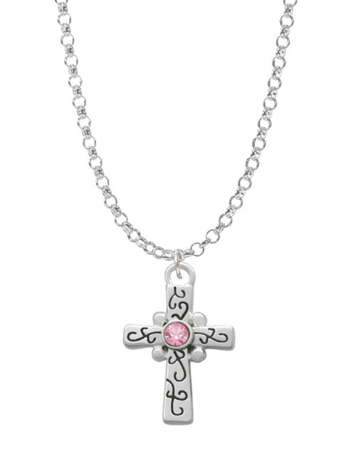 Scroll Cross with Pink Crystal Charm Necklace