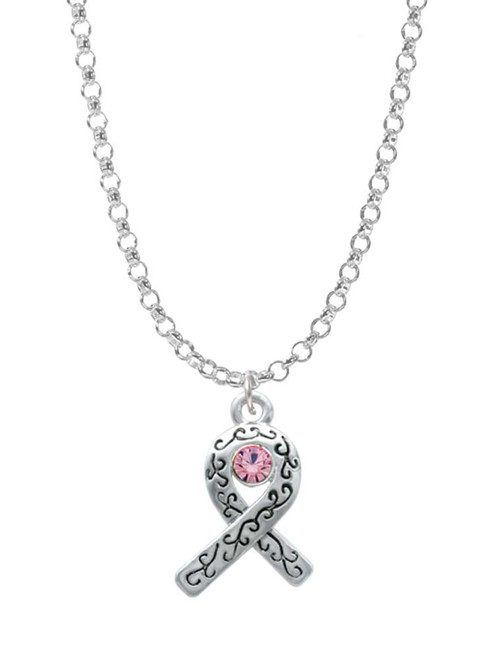 Scroll Ribbon with Pink Crystal Charm Necklace