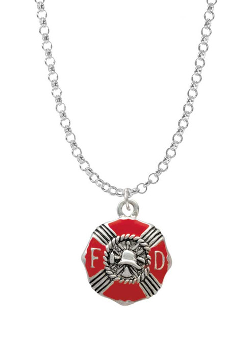 Red Enamel Fire Department Medallion Charm Necklace