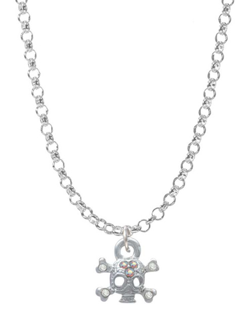 Mini Skull and Bones with 3 AB Crystals Charm Necklace