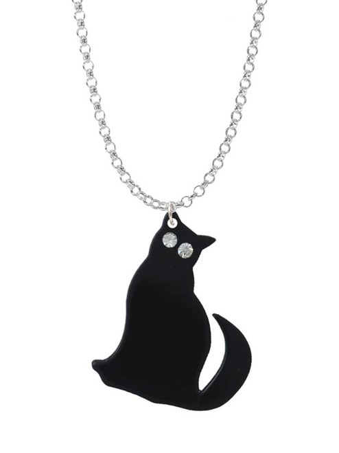 Acrylic Sitting Black Cat with Crystal Eyes Charm Necklace
