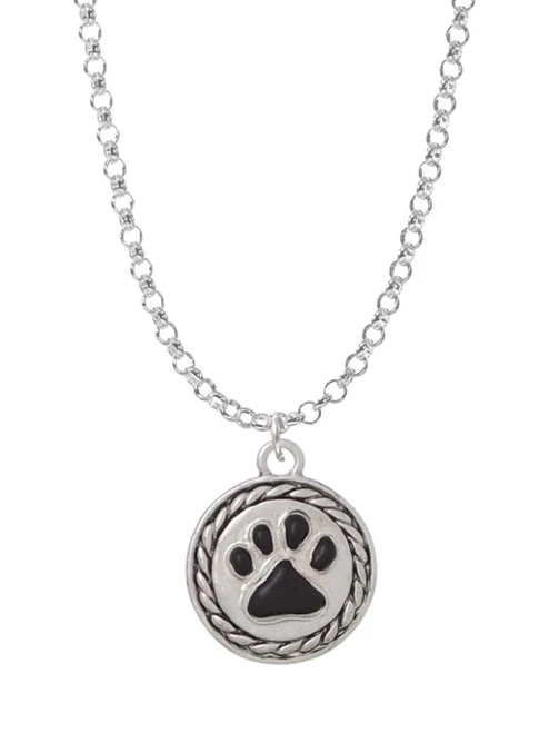 Black Paw in Rope Border Charm Necklace