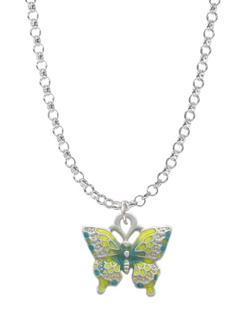 Small Lime Green & Blue Butterfly Charm Necklace