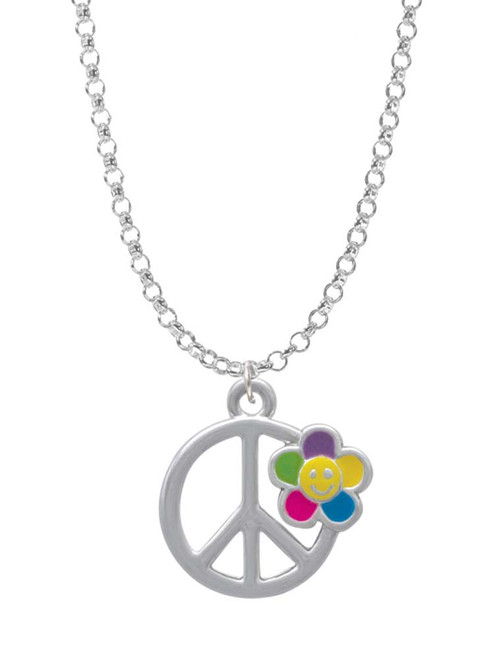 Large Multicolored Daisy on Peace Sign Charm Necklace