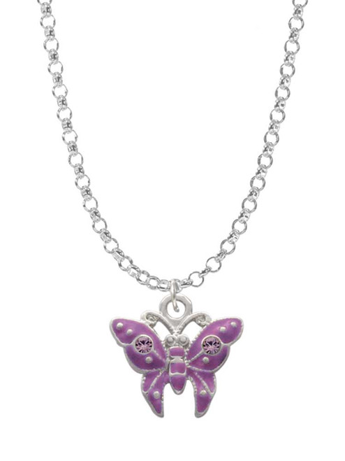 Hot Purple Butterfly with 2 Crystals Charm Necklace