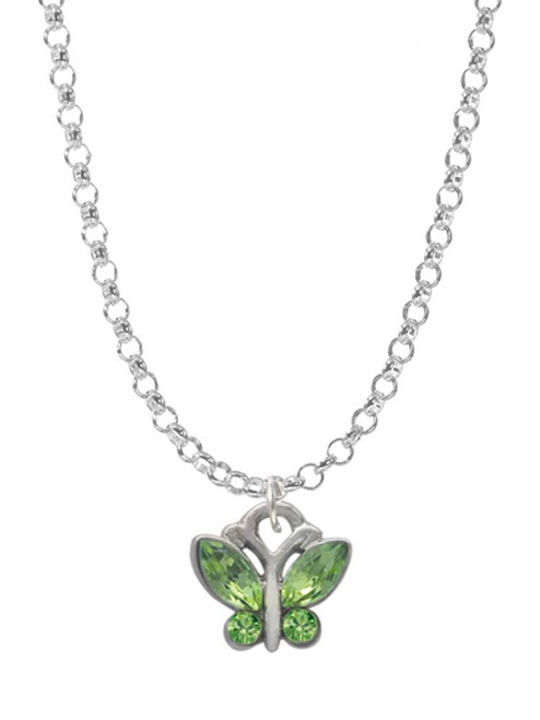 Mini Butterfly with Green Wings & Crystals Charm Necklace