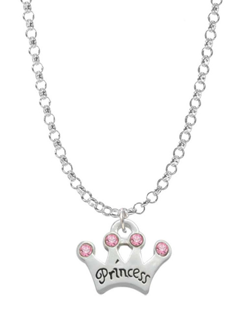 Small ''Princess'' Crown with Pink Crystals Charm Necklace