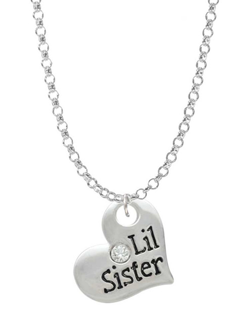 Large ''Lil Sister'' Heart with Clear Crystal Charm Necklace