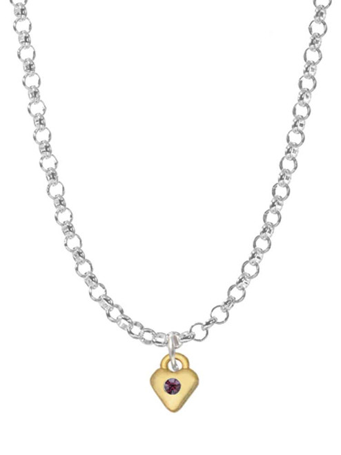 Mini February - Purple Crystal Gold Tone Heart Charm Necklace