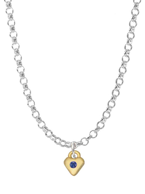 Mini September - Blue Crystal Gold Tone Heart Charm Necklace