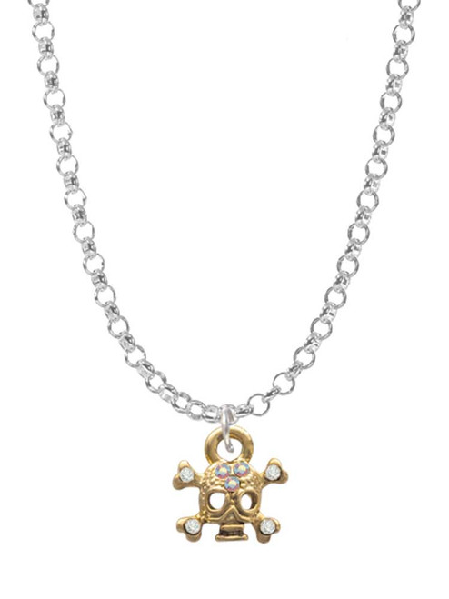 Mini Gold Tone Skull & Bones with Crystals Charm Necklace