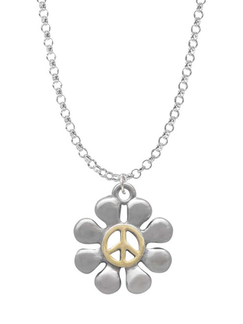 Large Daisy with Gold Tone Peace Sign Charm Necklace