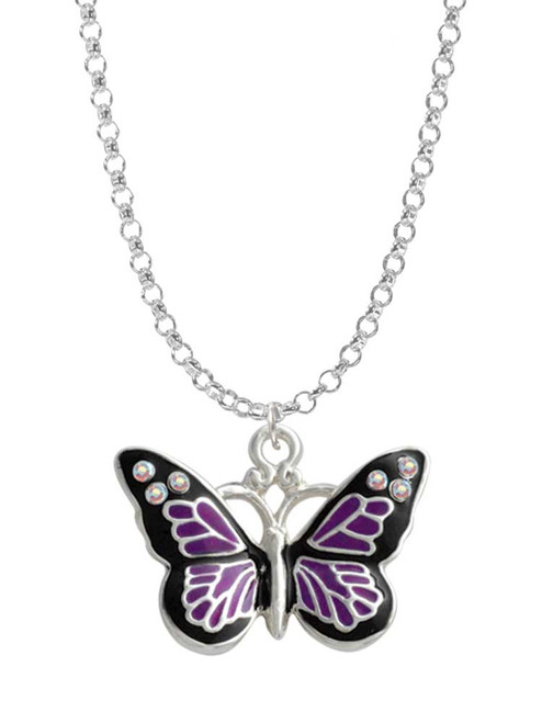Large Purple Butterfly with 6 AB Crystals Charm Necklace
