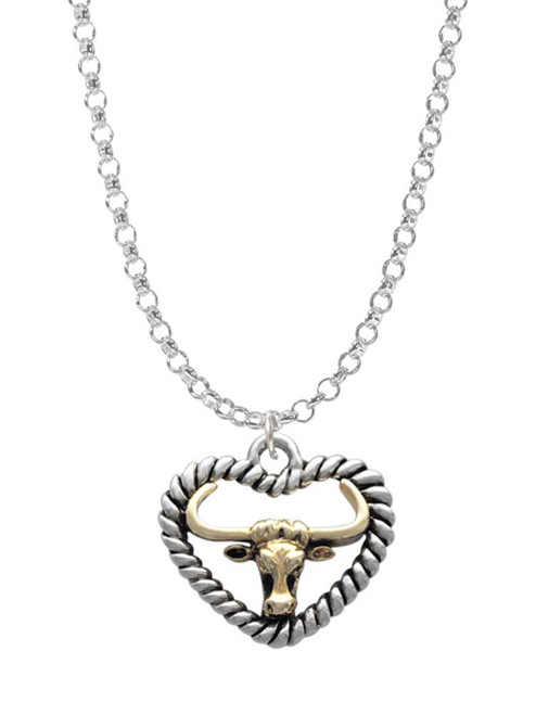Gold Tone Longhorn in Rope Heart Charm Necklace