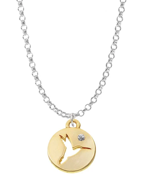 Gold Tone Hummingbird Disc Charm Necklace