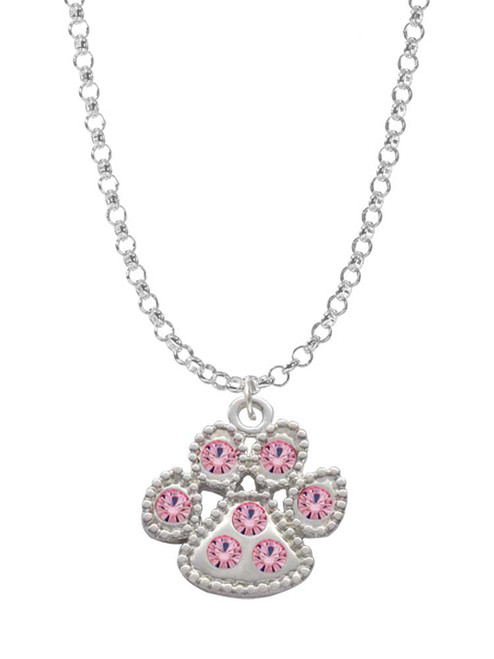 Large Paw with Light Pink Crystals Charm Necklace