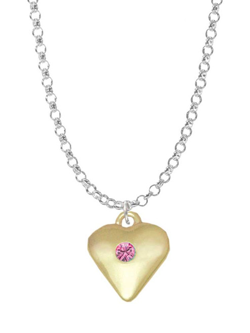 Large October - Hot Pink Crystal Gold Tone Heart Charm Necklace