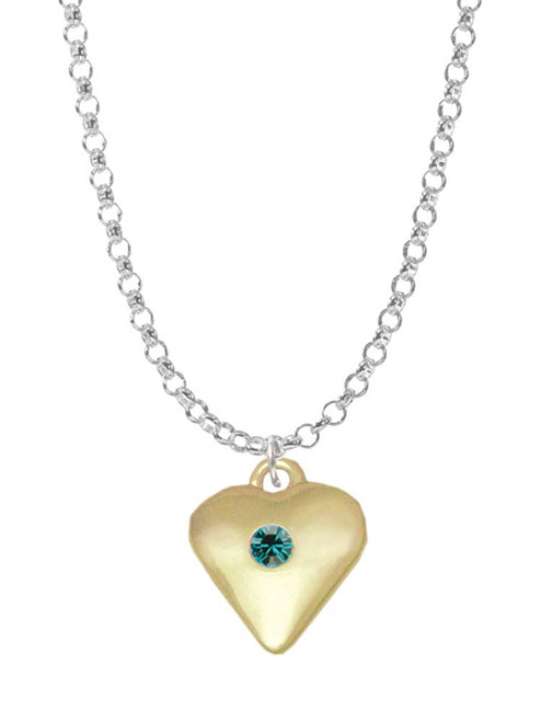 Large December - Teal Crystal Gold Tone Heart Charm Necklace
