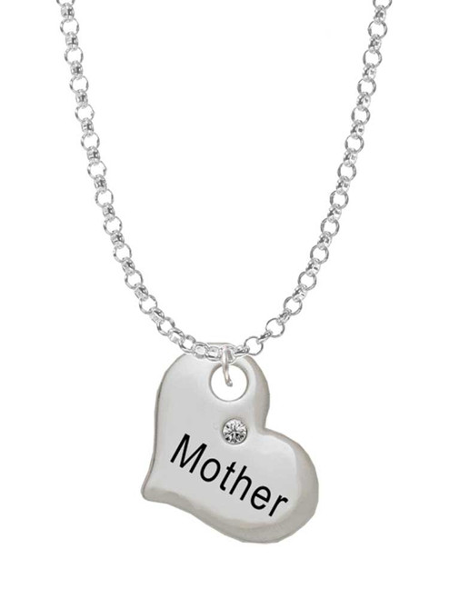 Large ''Mother'' Heart with Clear Crystal Charm Necklace
