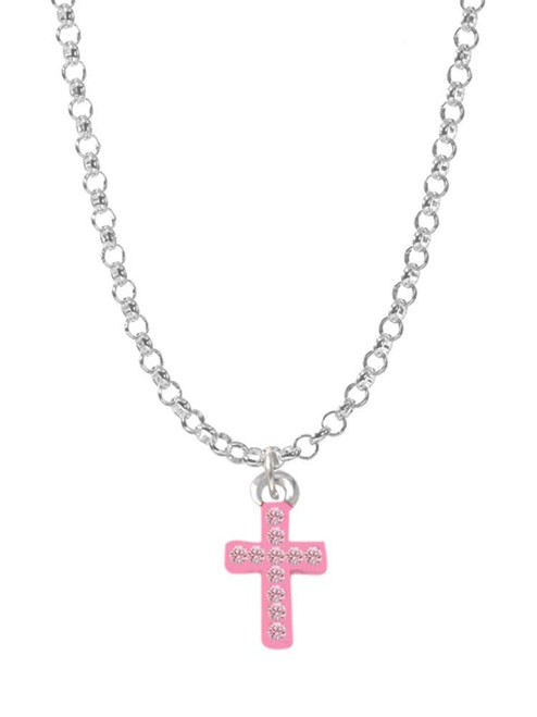 Small Pink Crystal Cross Charm Necklace