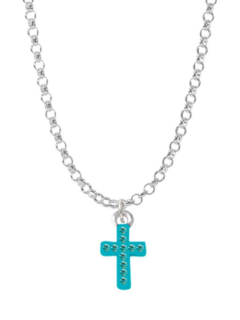 Small Teal Crystal Cross Charm Necklace