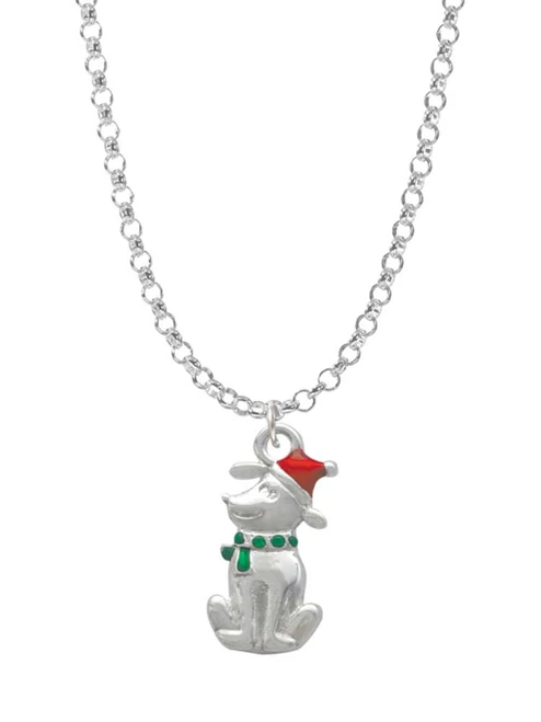 2-D Christmas Dog with Red Hat Charm Necklace