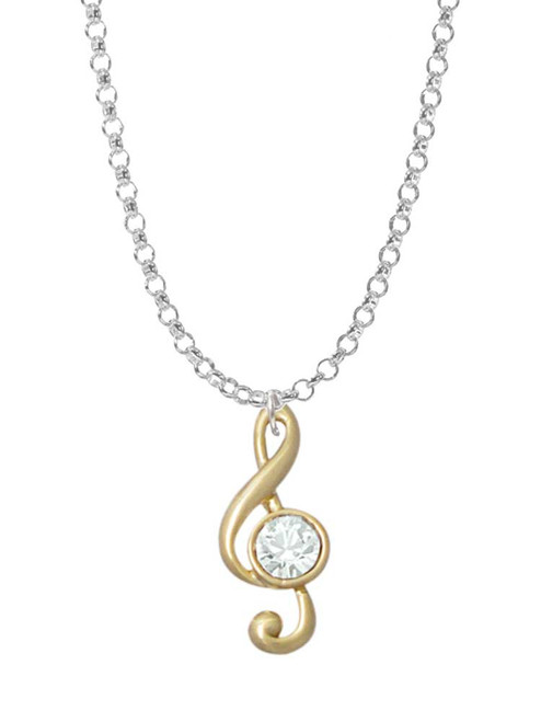 Medium Gold Tone Clef with Crystal Charm Necklace
