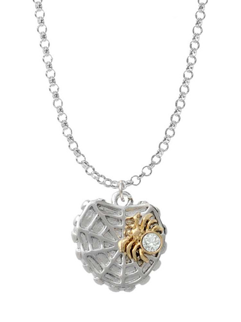 Spider Web Heart with Gold Tone Crystal Spider Charm Necklace