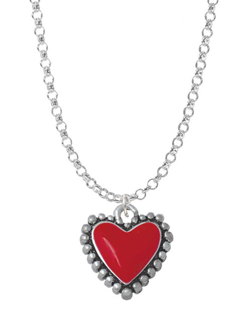 Red Heart with Beaded Border Charm Necklace