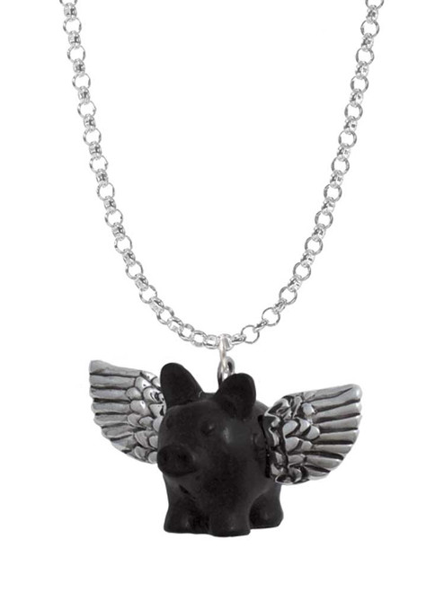 Black Flying Pig with Wings Charm Necklace