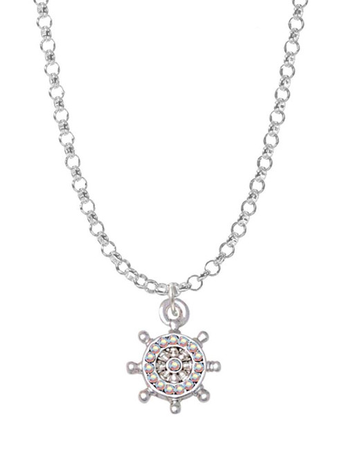 Mini AB Crystal Ship Wheel Charm Necklace