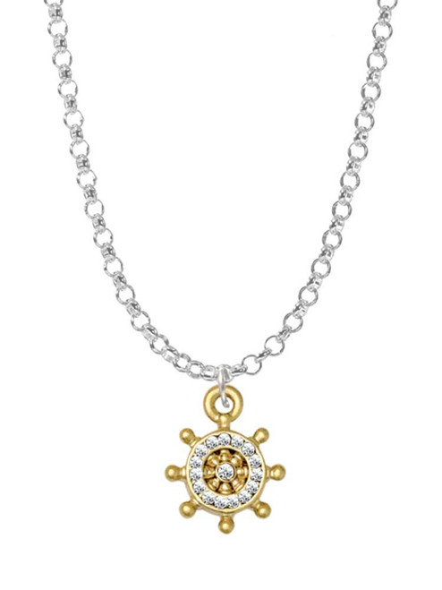Gold Tone Mini Crystal Ship Wheel Charm Necklace