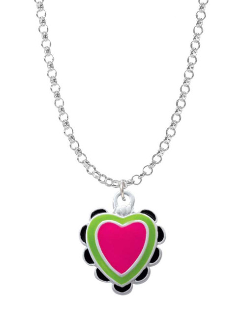 Hot Pink & Lime Green Heart with Black Ruffles Charm Necklace