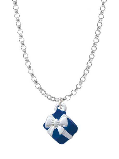 Small 3-D Blue Present Box with Bow Charm Necklace