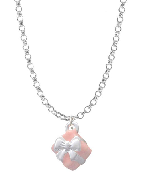 Small 3-D Pink Present Box with Bow Charm Necklace