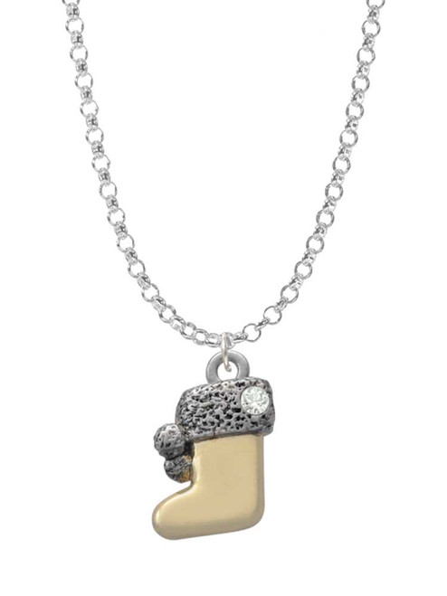 3-D Gold Tone Stocking with Fur and Clear Crystal Charm Necklace