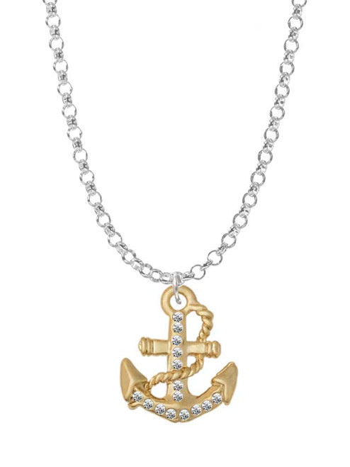Gold Tone Clear Crystal Anchor Charm Necklace