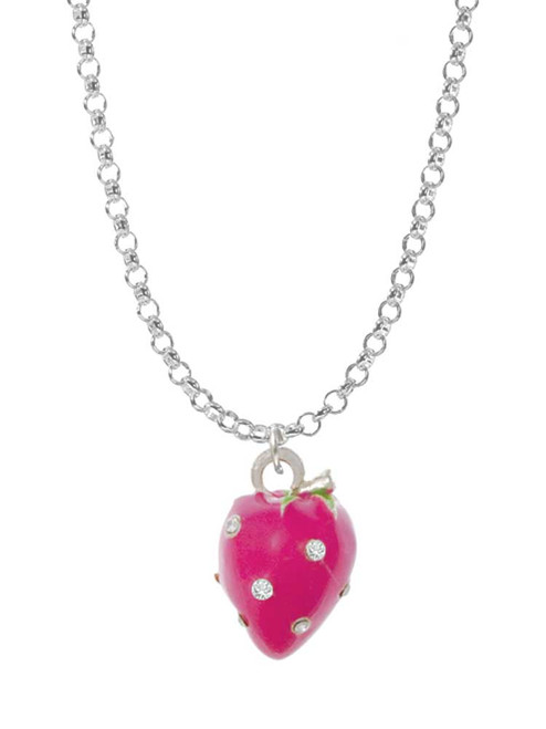 Large 3-D Hot Pink Strawberry with Crystals Charm Necklace